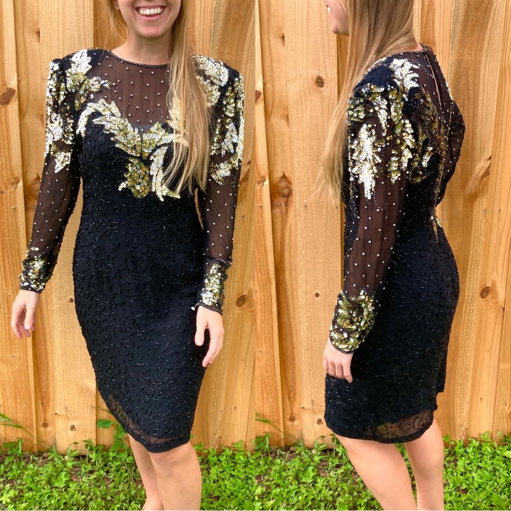 🔴 Black Friday SALE 
Vintage 80s Black and Gold Sequin Dress Retro 90s Beaded